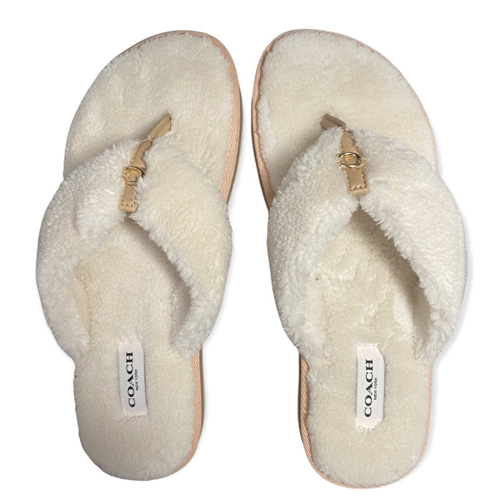 NWT COACH Teddy Plush Flip Flop Sandals Slippers - Picture 2 of 12